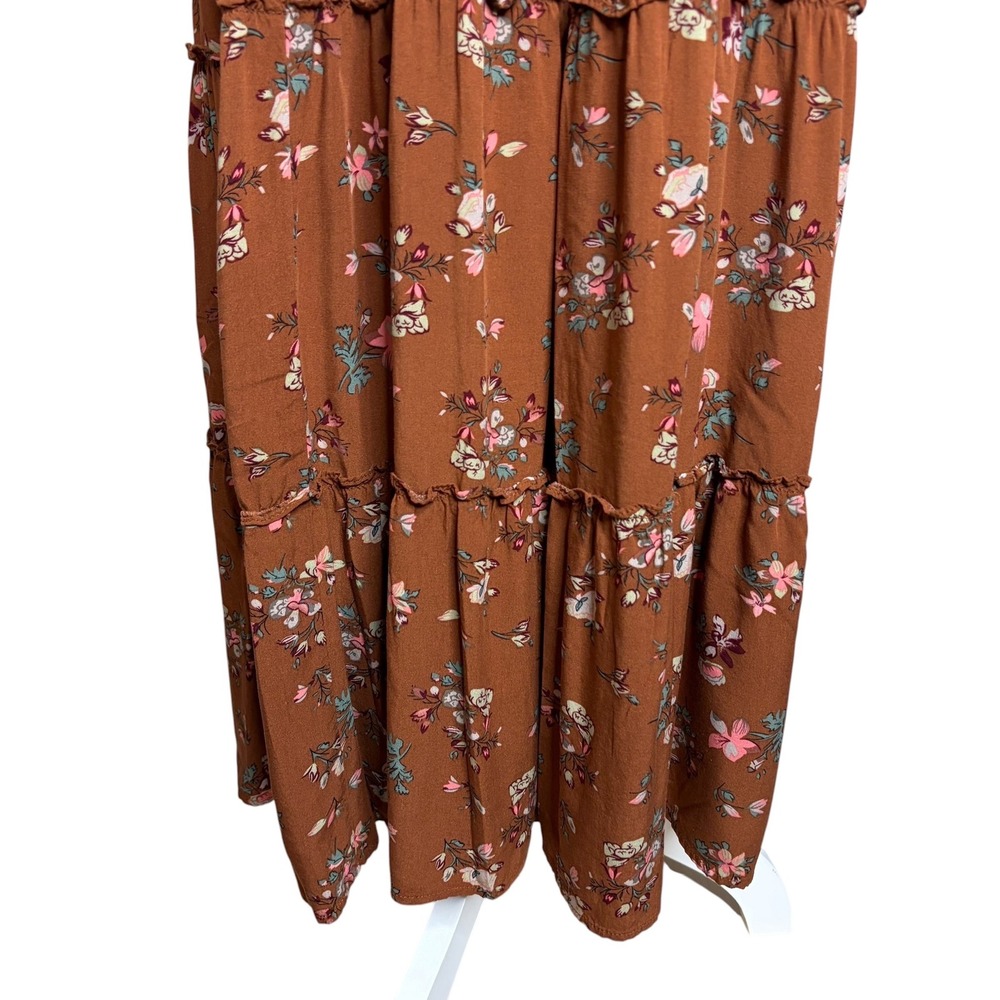 Natural Life Berkley Brown Floral Tiered Maxi Dress L Boho Cottagecore Travel - Picture 6 of 8